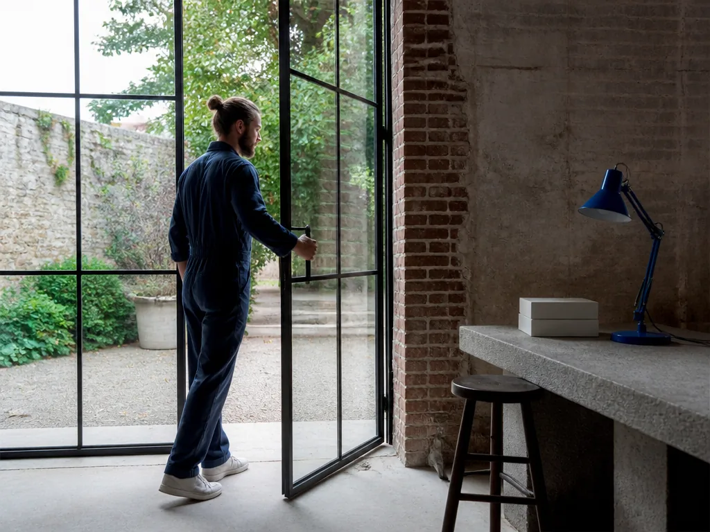 Photorealistic editorial photograph, a person in workwear opens a large glass door of a converted garage, concrete floor