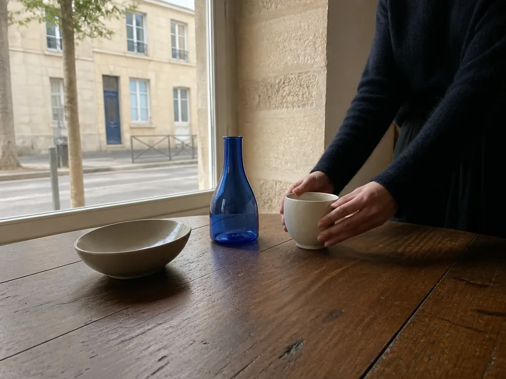 Photorealistic editorial photograph: a resident’s hands placing a blank ceramic cup on a worn wooden table, warm window