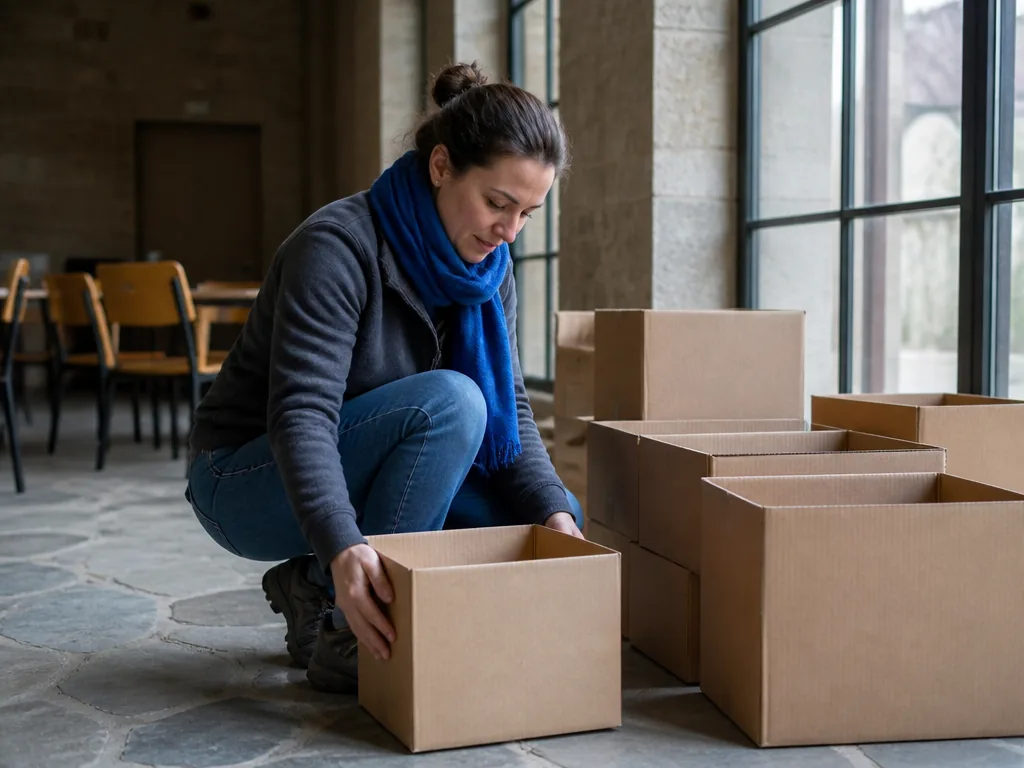 Photorealistic editorial photograph: a volunteer in workwear organizing blank cardboard boxes on a stone floor, one ultr