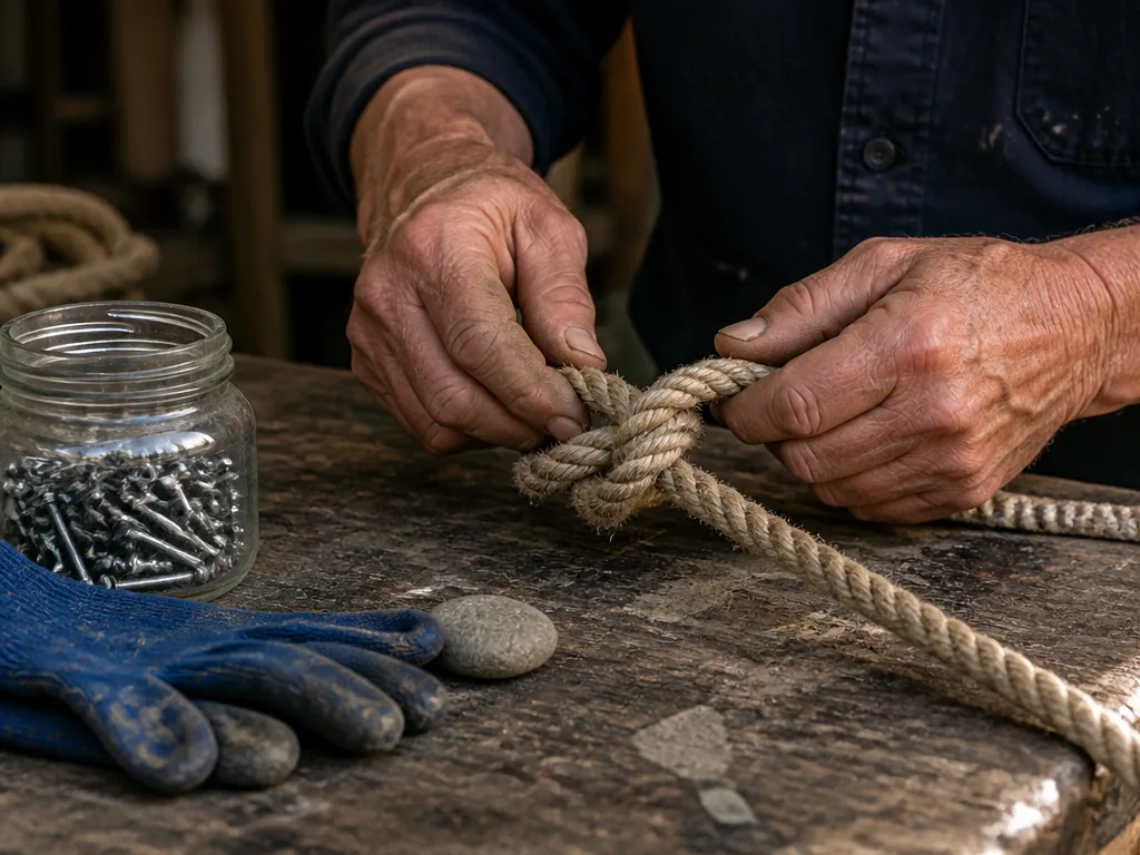 Photorealistic editorial photograph of a close-up of weathered hands tying a knot in a thick rope, with a glass jar of n