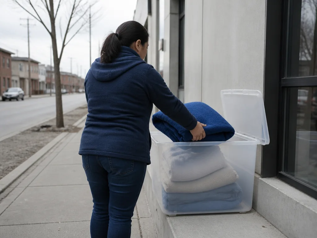 Photorealistic editorial photograph of a person placing a folded blanket into a large clear donation bin, seen from behi