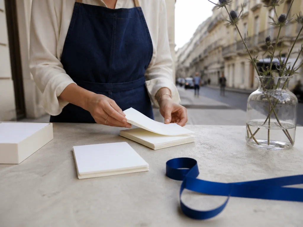 Photorealistic editorial photograph, a person in a work apron sorts blank paper cards onto a stone table, hands visible,