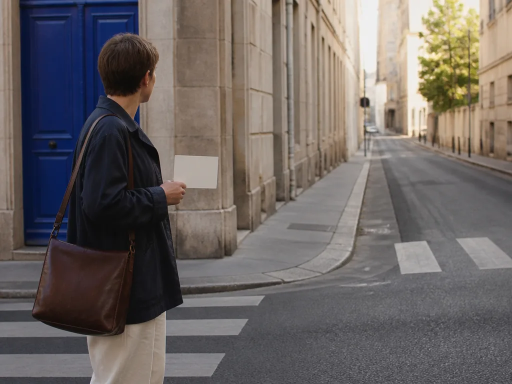 Photorealistic editorial photograph, a person stands at a wide crossroads, holding a blank paper card, looking down a su