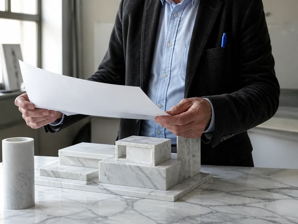 Photorealistic editorial photograph of an architect's weathered hands holding a blank blueprint over a marble model, nat