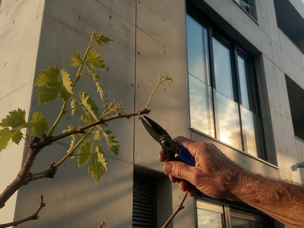 Photorealistic editorial photograph: a weathered hand pruning a grapevine tendril against a modern concrete apartment fa