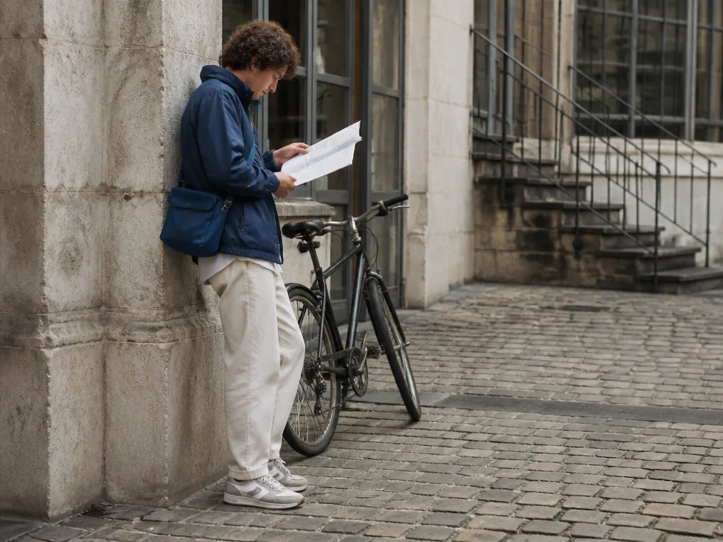 Photorealistic editorial photograph: an urban explorer consulting a folded paper map beside a limestone pillar, a bicycl