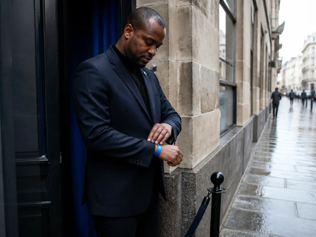 Photorealistic editorial photograph: a club doorman in a dark blazer stands outside a narrow city-center entrance, check