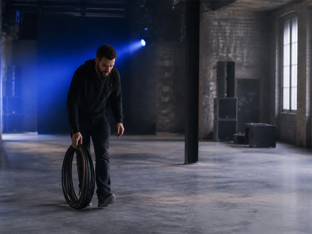 Photorealistic editorial photograph: a sound engineer rolls a black cable coil across a concrete warehouse floor, empty