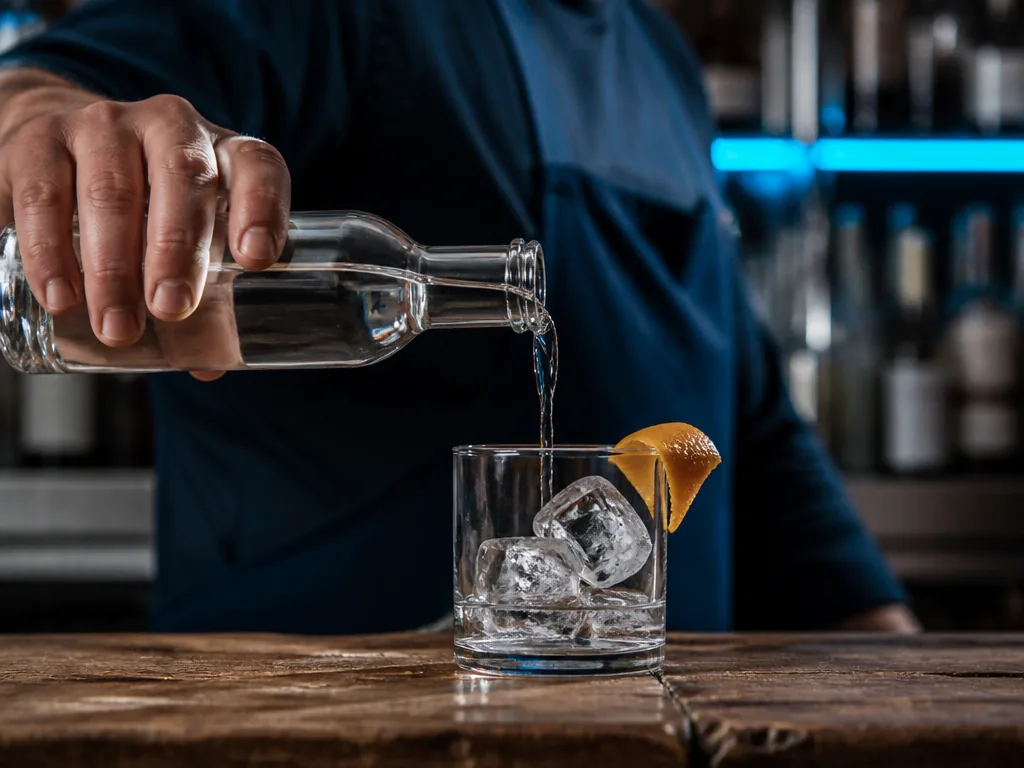 Photorealistic editorial photograph: a bartender's hand pours a clear spirit from a blank glass bottle into a rocks glas