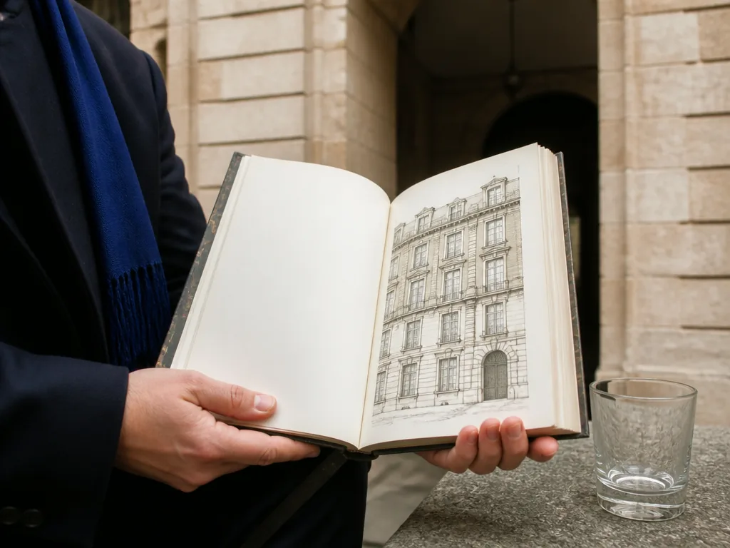 Photorealistic editorial photograph: a person's hands holding an open vintage book of Bordeaux façade engravings, pages 