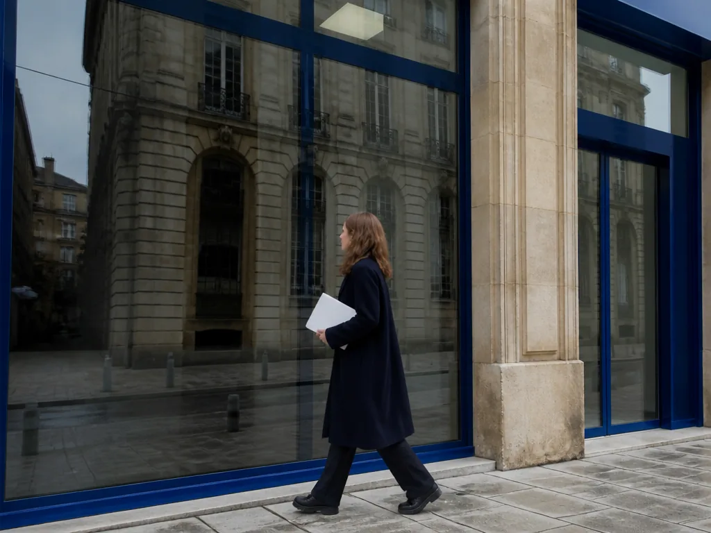 Photorealistic editorial photograph: wide view of a contemporary glass building reflecting a historic Bordeaux stone faç