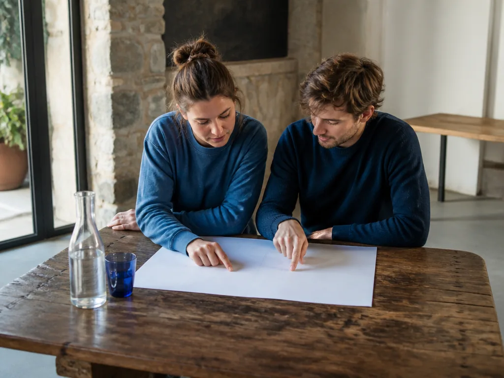 Photorealistic editorial photograph of a young couple examining a blank paper floor plan on a weathered wooden table, ha