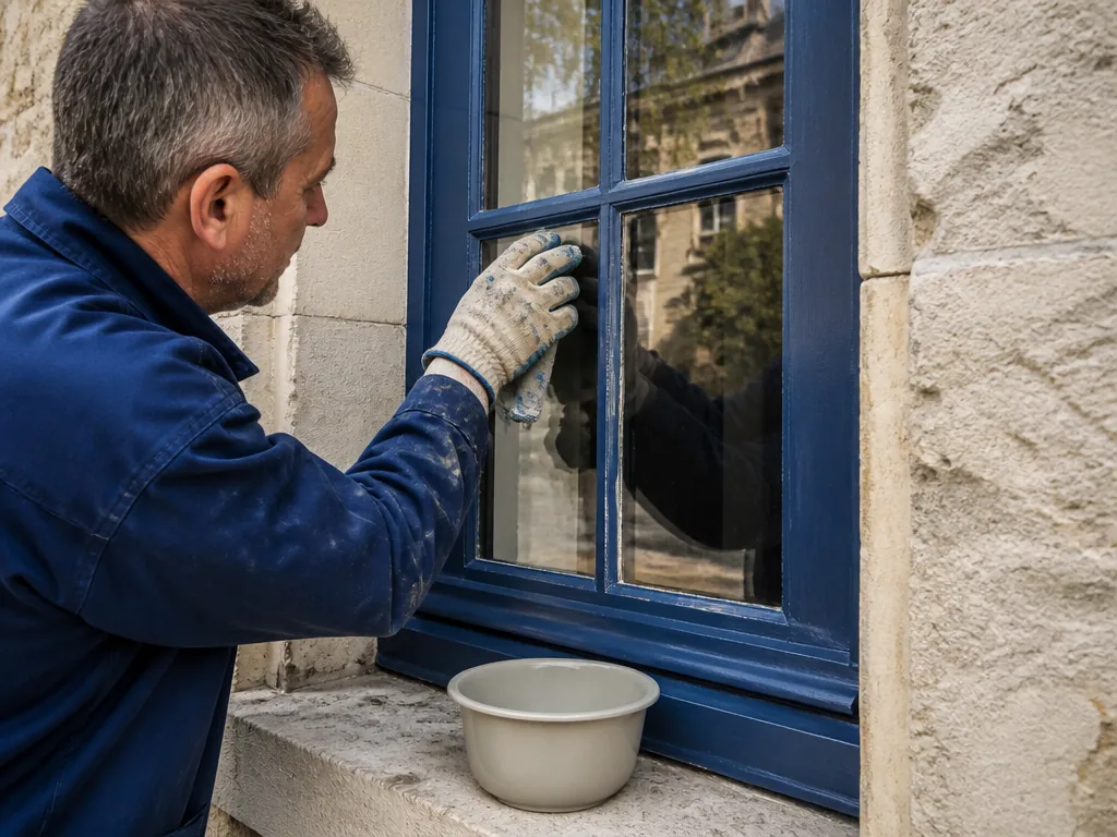 Photorealistic editorial photograph of a craftsman's hands cleaning a vintage glass window pane of an old Bordeaux townh