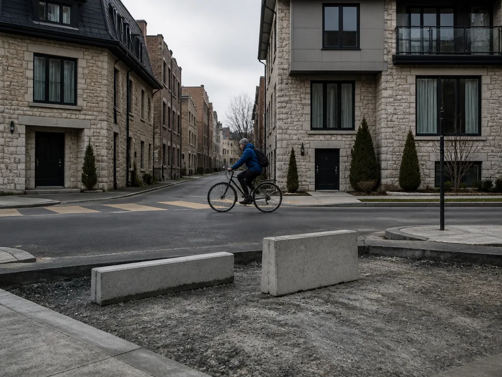 Photorealistic editorial photograph: a wide view of a residential street with low-rise stone buildings, a lone cyclist c