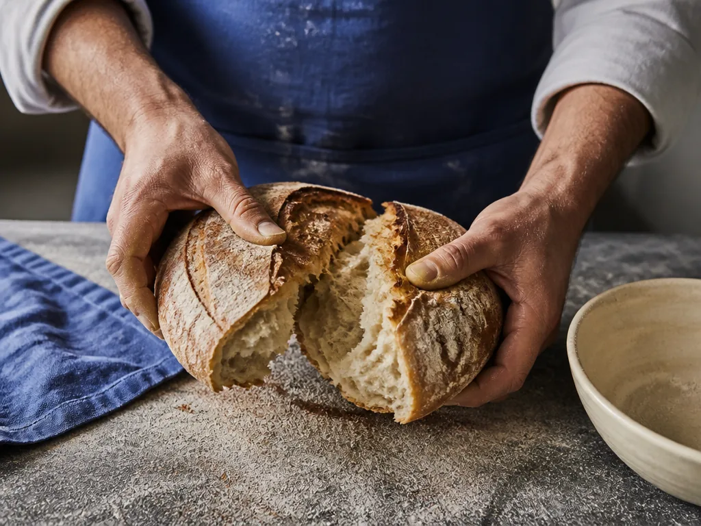 Photorealistic editorial photograph of a baker's hands tearing a crusty loaf, revealing dense crumb, on a flour-dusted s