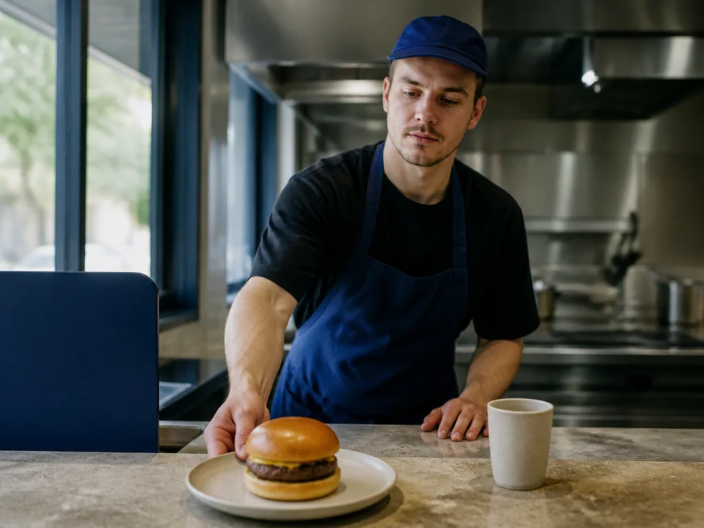 Photorealistic editorial photograph of a fast-food counter scene, a worker placing a burger on a ceramic plate, with a b