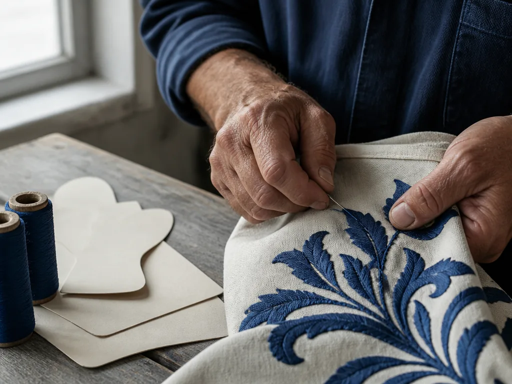 Photorealistic editorial photograph: close-up of a tailor's hands guiding a needle through embroidered canvas, thread sp