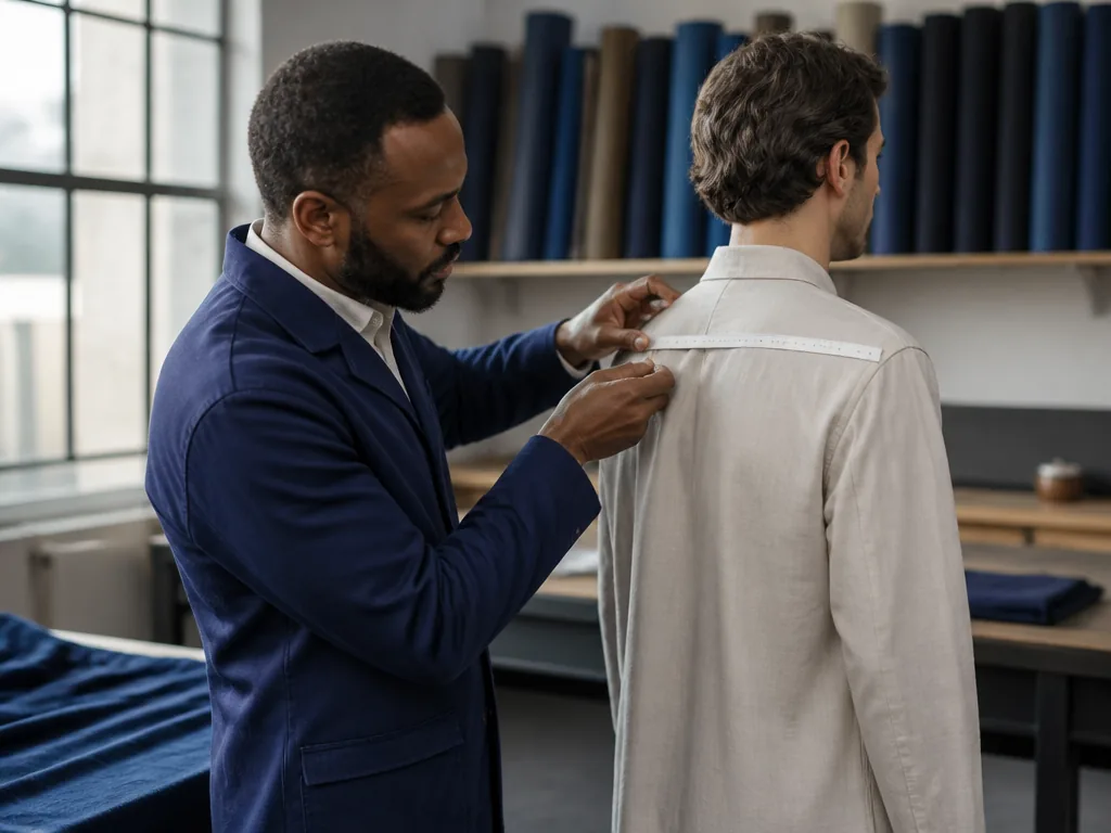 Photorealistic editorial photograph: medium shot of a craftsman measuring a client's shoulder with a blank measuring tap