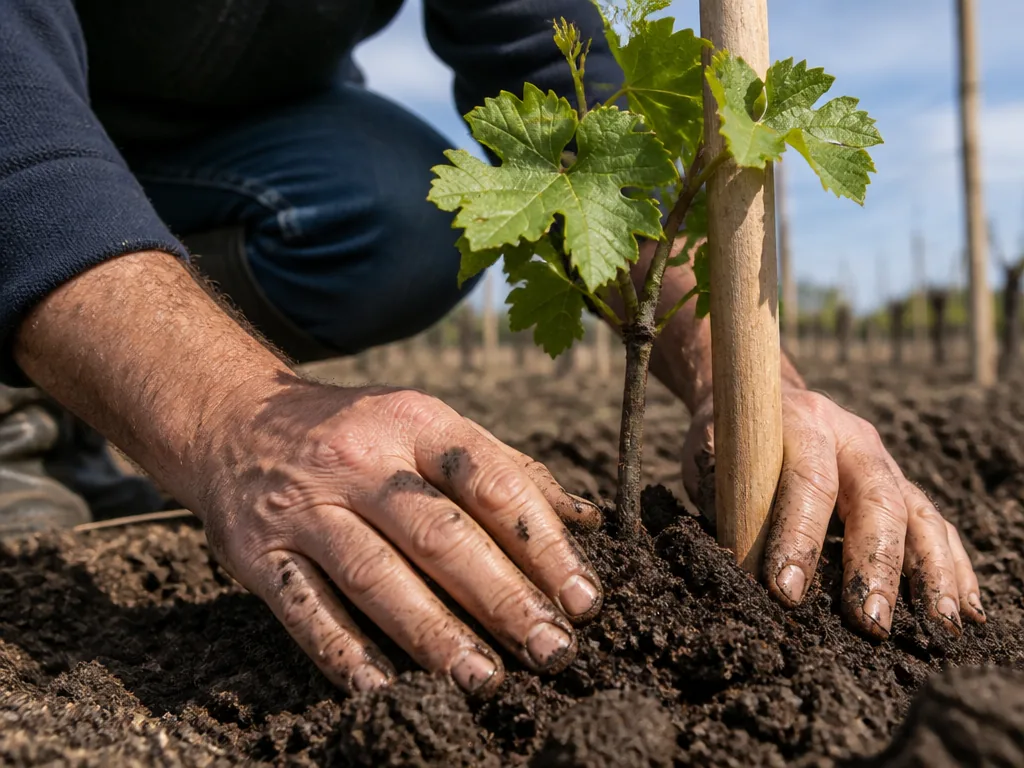 Photorealistic editorial photograph: winemaker's hands pressing dark soil around a young vine in a Bordeaux vineyard, cl