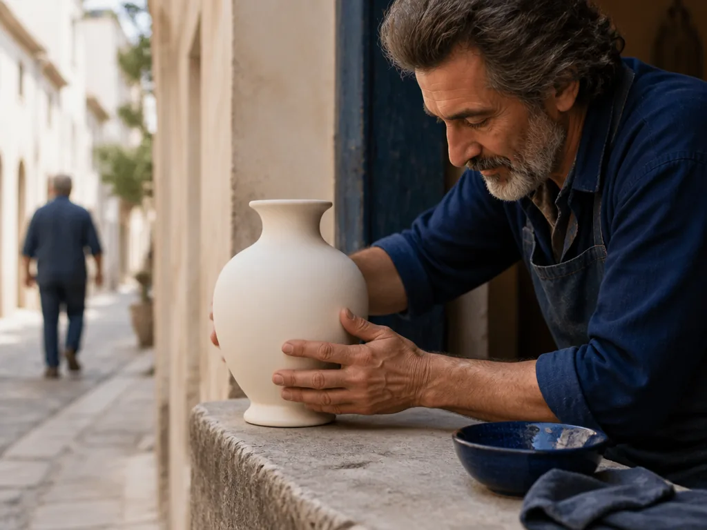 Photorealistic editorial photograph, close detail of a shopkeeper's hands adjusting a blank ceramic vase on a stone ledg