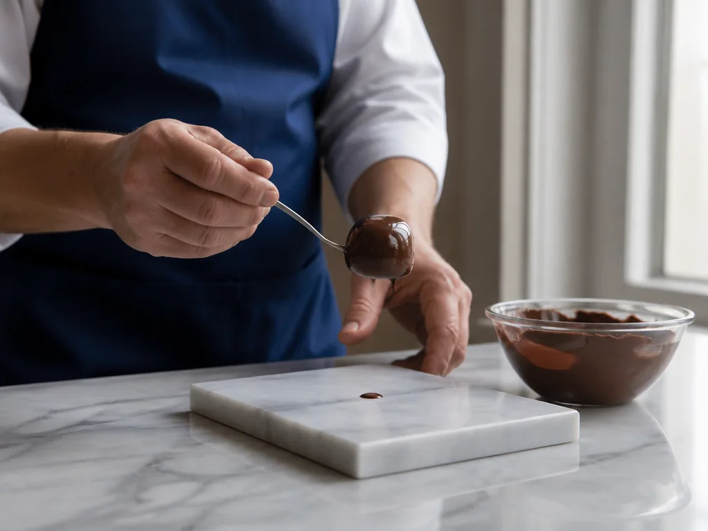 Photorealistic editorial photograph: a chocolatier's hands holding a freshly dipped bonbon over a marble slab, warm wind
