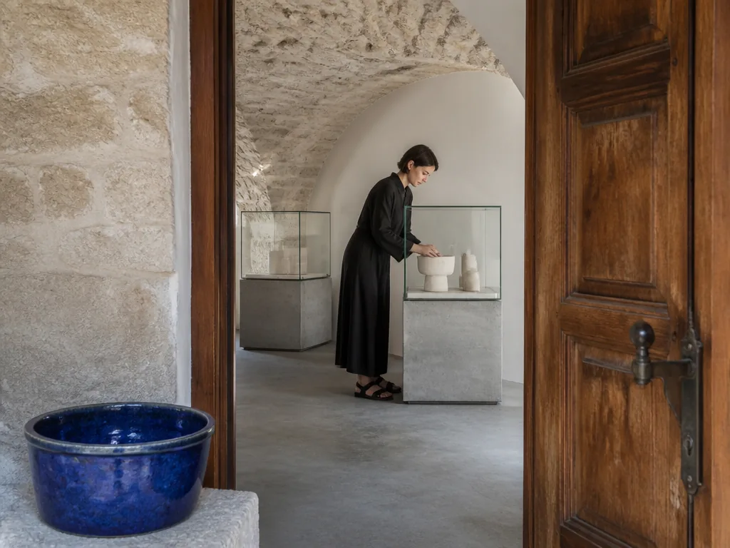 Photorealistic editorial photograph: an open wooden shop door revealing a stone interior with a single person arranging