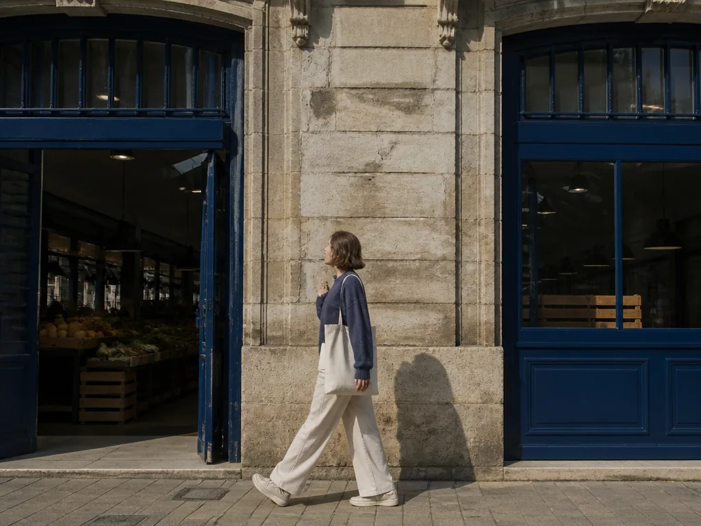 Photorealistic editorial photograph: a person walks past the stone facade of a Bordeaux neighborhood market with an empt
