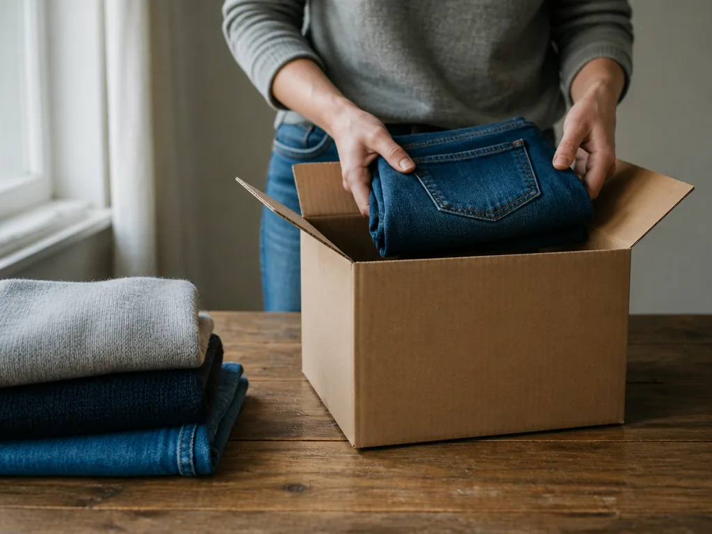 Photorealistic editorial photograph: a pair of hands placing folded jeans into a blank cardboard box on a worn wooden ta