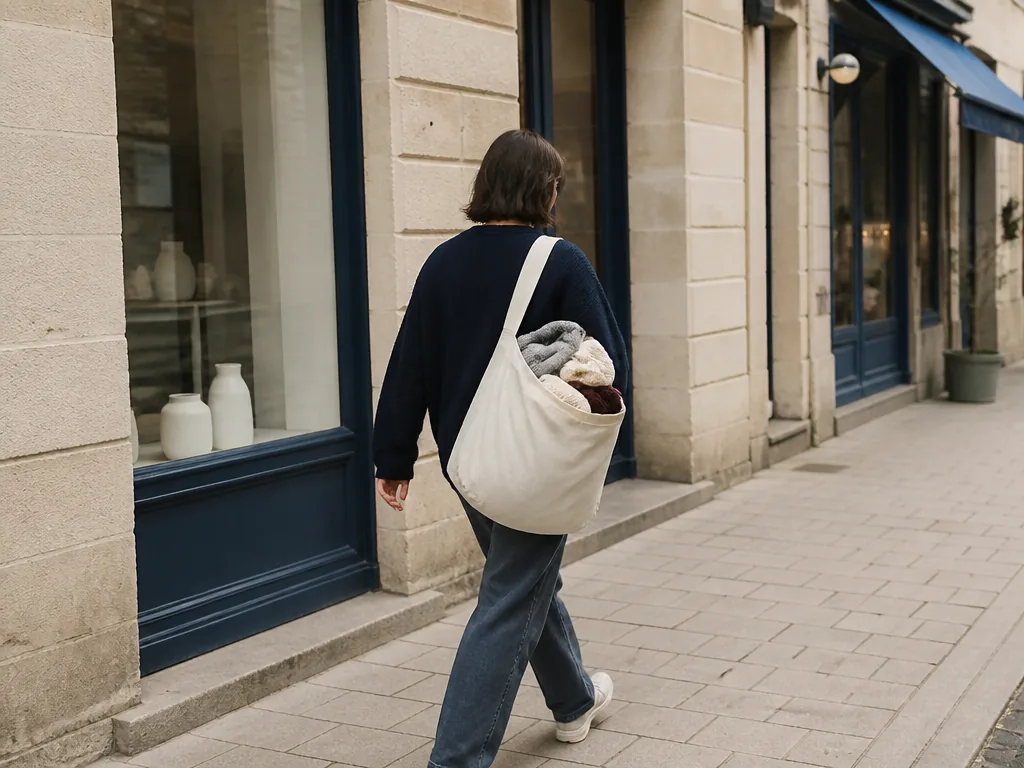 Photorealistic editorial photograph: a person carrying a canvas bag of secondhand garments walks past a row of independe