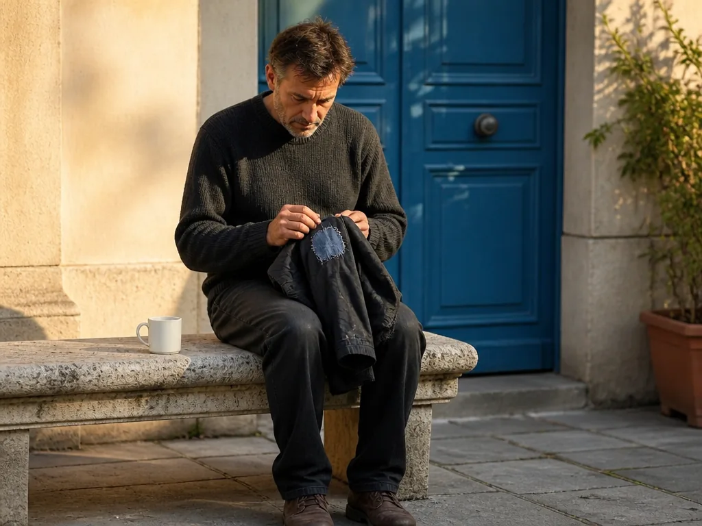 Photorealistic editorial photograph: a resident sits on a stone bench in a quiet residential square, holding a mended ja