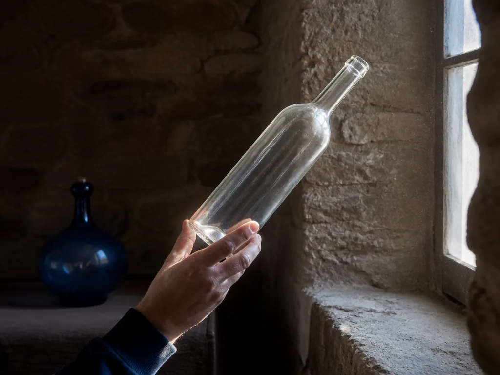 Photorealistic editorial photograph: A sommelier’s hand in a cellar holds a blank glass bottle up to a narrow window, du