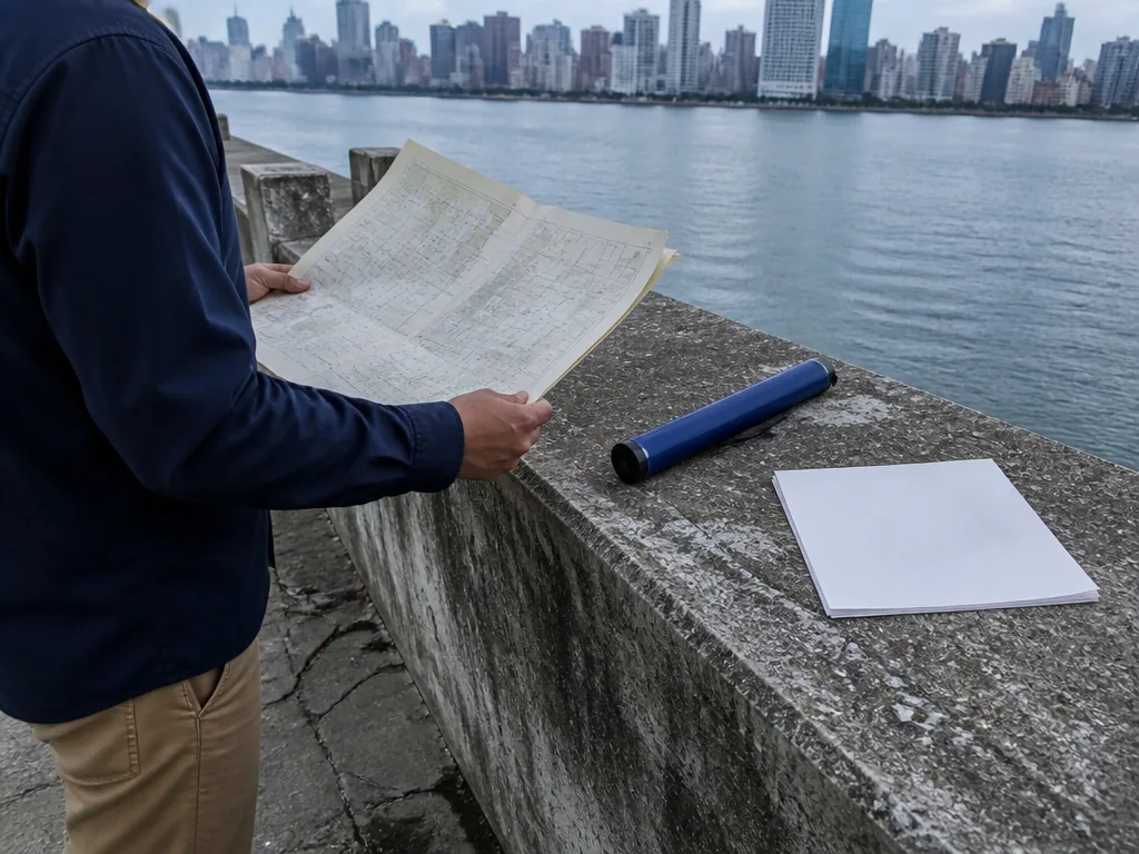 Photorealistic editorial photograph: a city planner's hands holding a worn paper map over a concrete barrier, cracked pa
