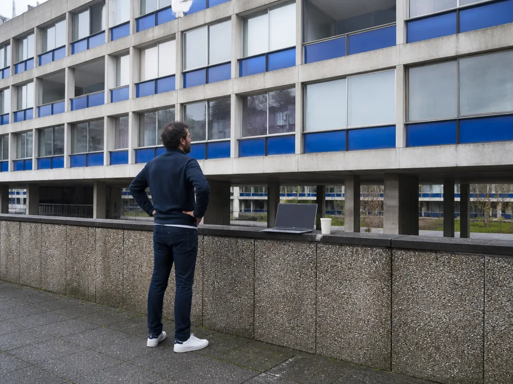 Photorealistic editorial photograph: a wide view of a modernist housing block courtyard, one person standing beside a lo