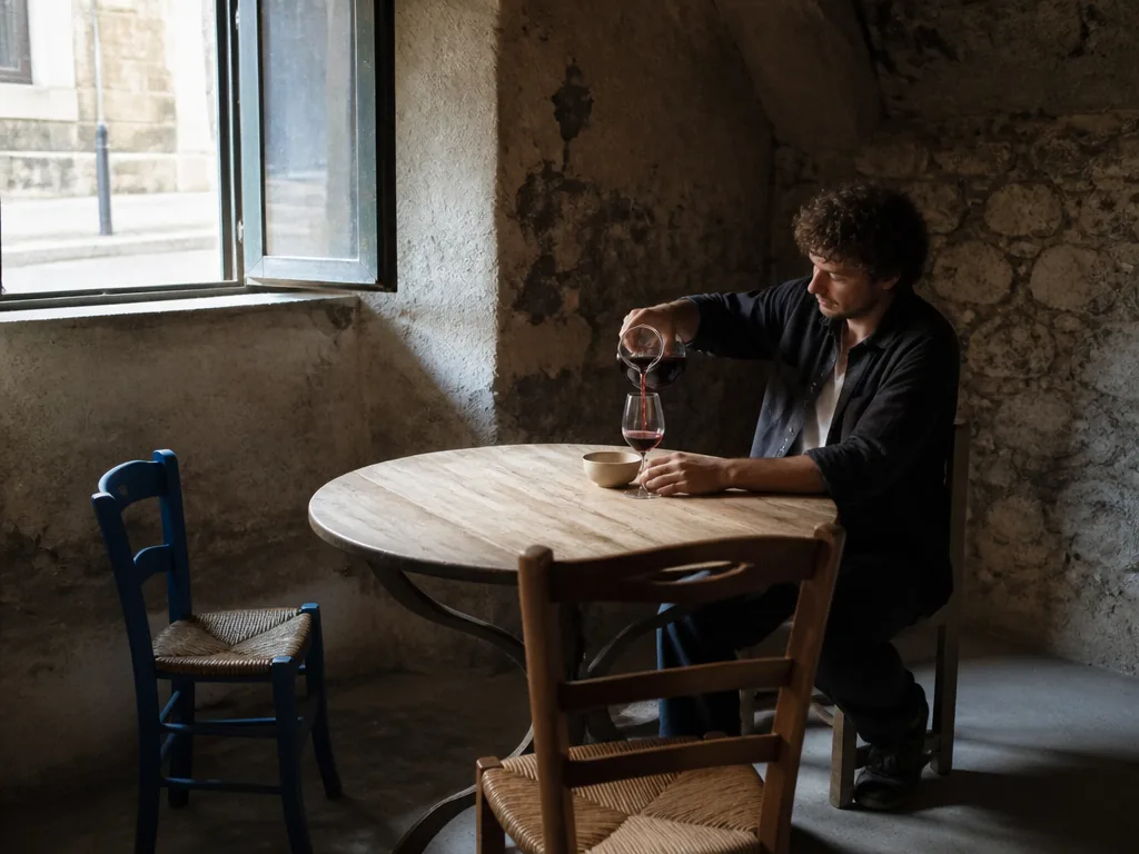 Photorealistic editorial photograph of a worn stone cellar with mismatched chairs, a patron pouring wine from a glass ca
