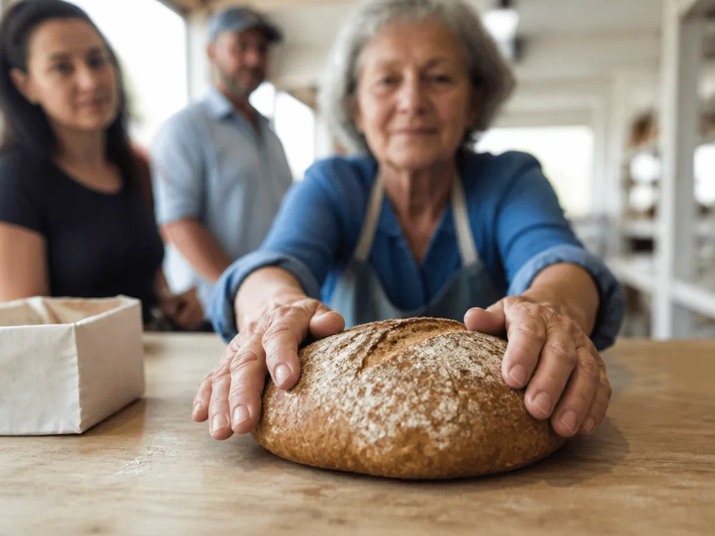 Photorealistic editorial photograph of an elderly shopkeeper’s hands pressing fresh bread onto a wooden counter, her fac