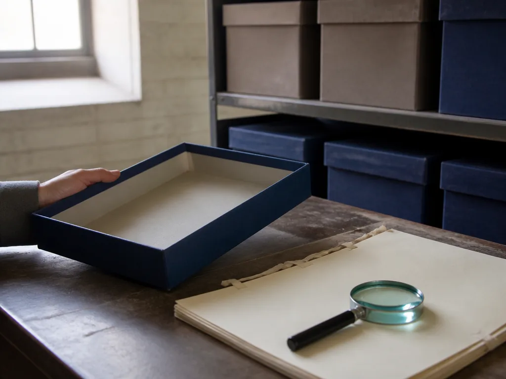Photorealistic editorial photograph of a person’s hand holding a blank archival box lid, dusty archive shelves behind, a