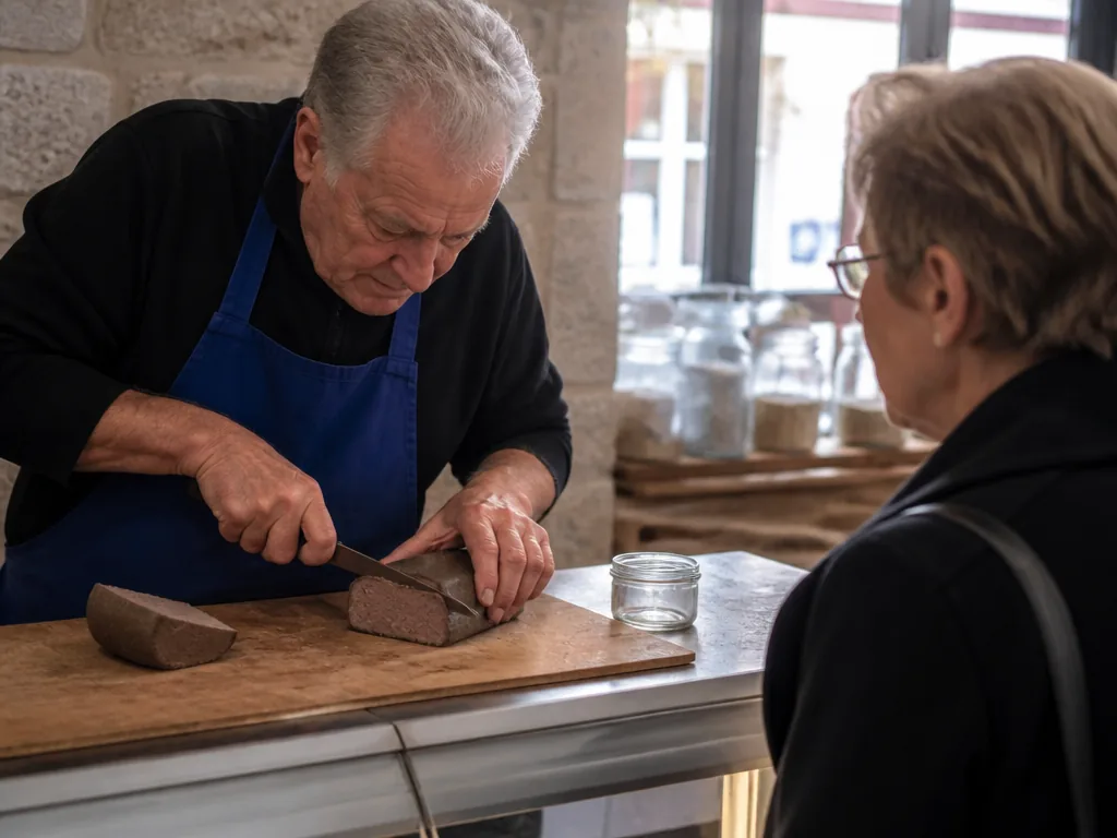 Photorealistic editorial photograph: elderly butcher hands slicing dark pâté on worn wooden counter, customer watching,