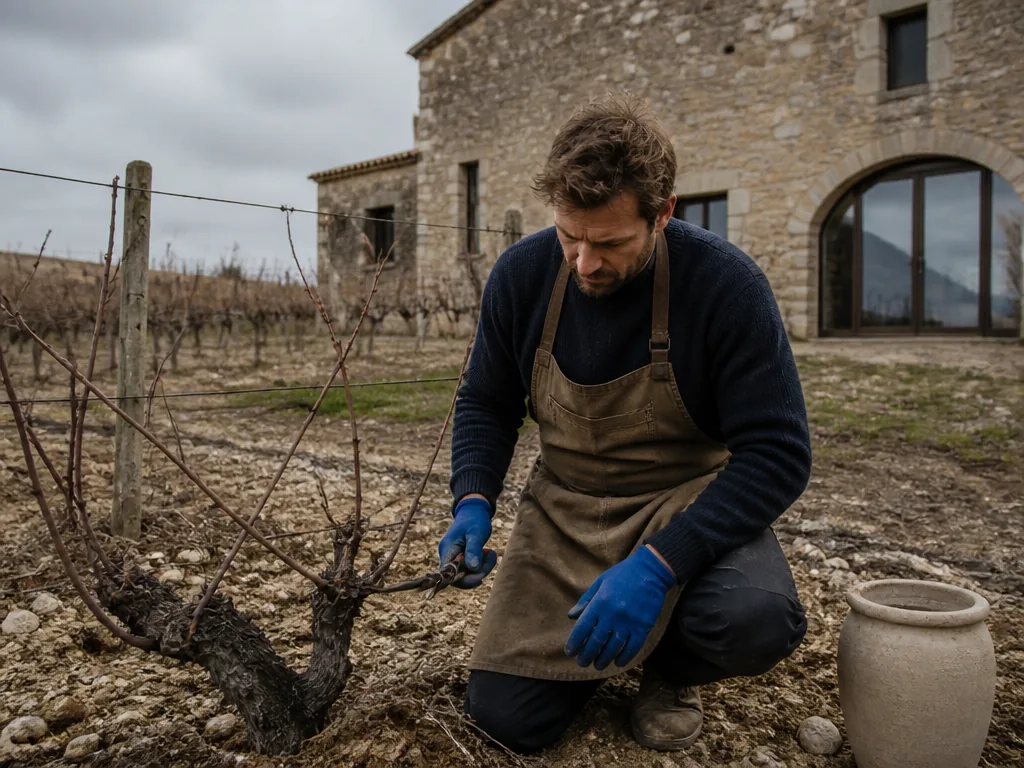 Photorealistic editorial photograph: person in canvas apron kneeling in vineyard soil, holding pruning shears, old stone