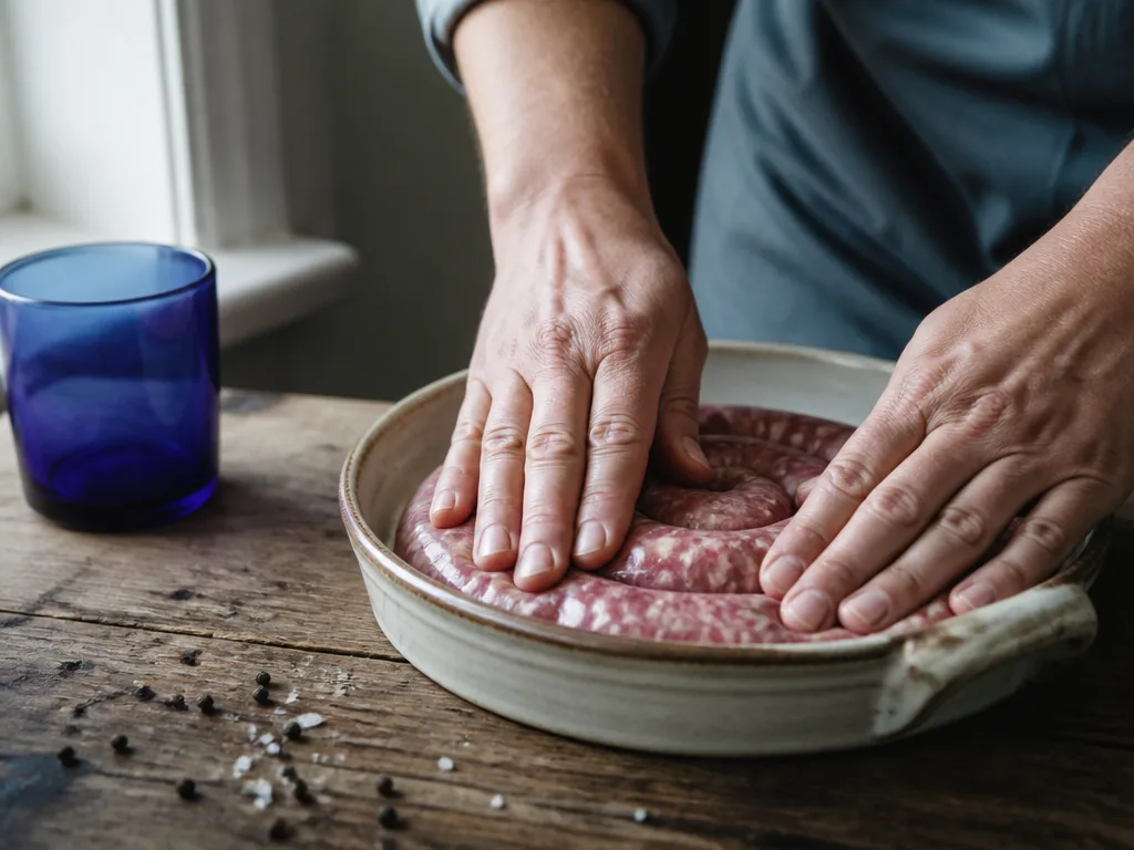 Photorealistic editorial photograph: close detail of hands pressing raw sausage into ceramic dish, wooden table with sca
