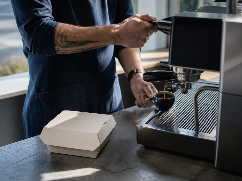 Photorealistic editorial photograph of a barista’s hands pulling a fresh espresso over a stone counter, a folded takeawa