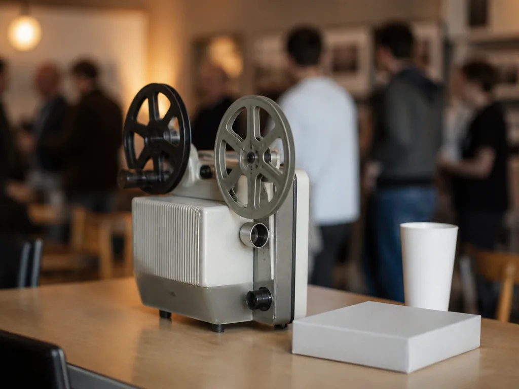 Petite salle de projection de quartier avec rangées de fauteuils et écran allumé